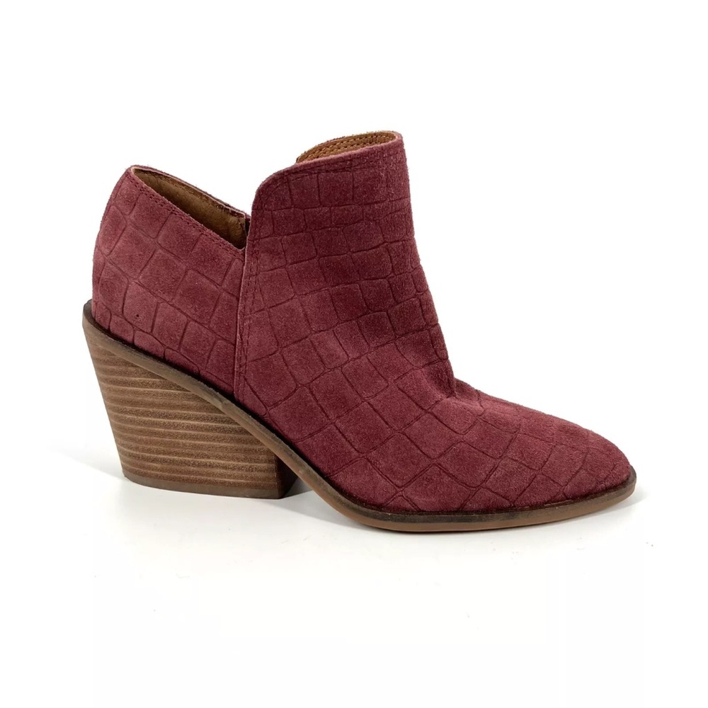 Lucky Brand Ankle Boots Womens Size 6 Burgundy Suede Leather Wedged Block Heel